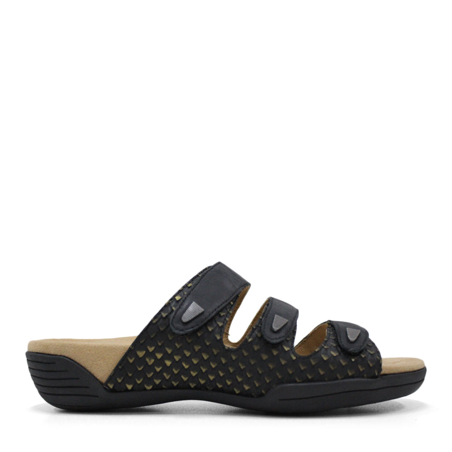 SIDE VIEW OF RED FLAT SANDAL WITH TRANGLE TEXTURED SIDE PANELS, OPEN TOE, OPEN BACK, WHITE SOLE AND THREE STRAPS ACROSS THE FRONT 