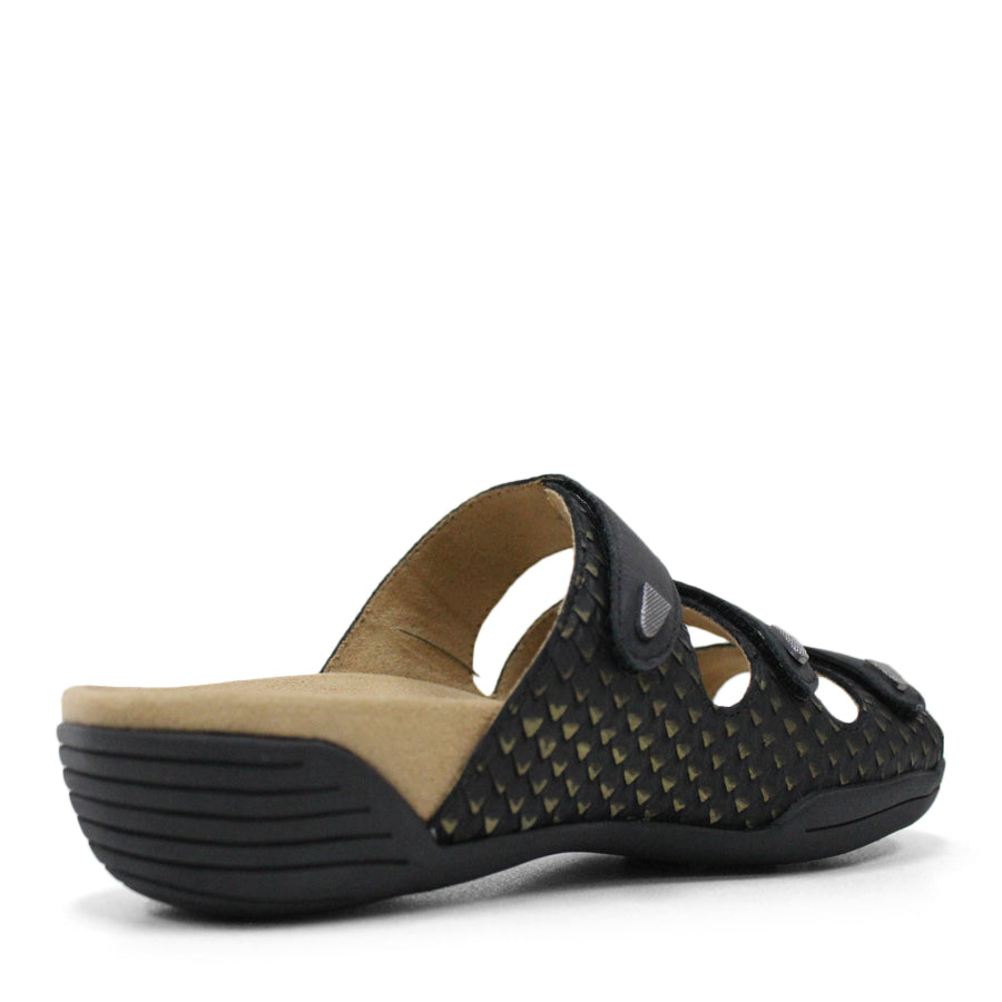BACK VIEW OF BLACK FLAT SANDAL WITH TRANGLE TEXTURED SIDE PANELS, OPEN TOE, OPEN BACK, BLACK SOLE AND THREE STRAPS ACROSS THE FRONT 