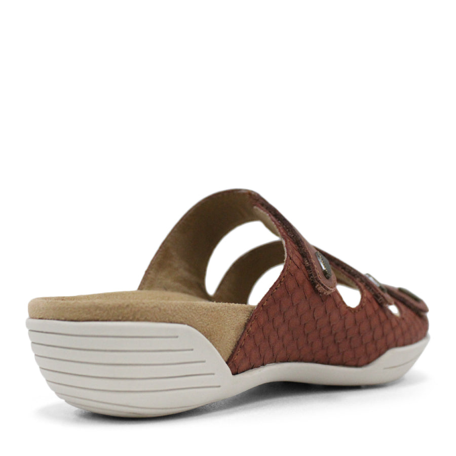 BACK VIEW OF BROWN FLAT SANDAL WITH TRANGLE TEXTURED SIDE PANELS, OPEN TOE, OPEN BACK, WHITE SOLE AND THREE STRAPS ACROSS THE FRONT 