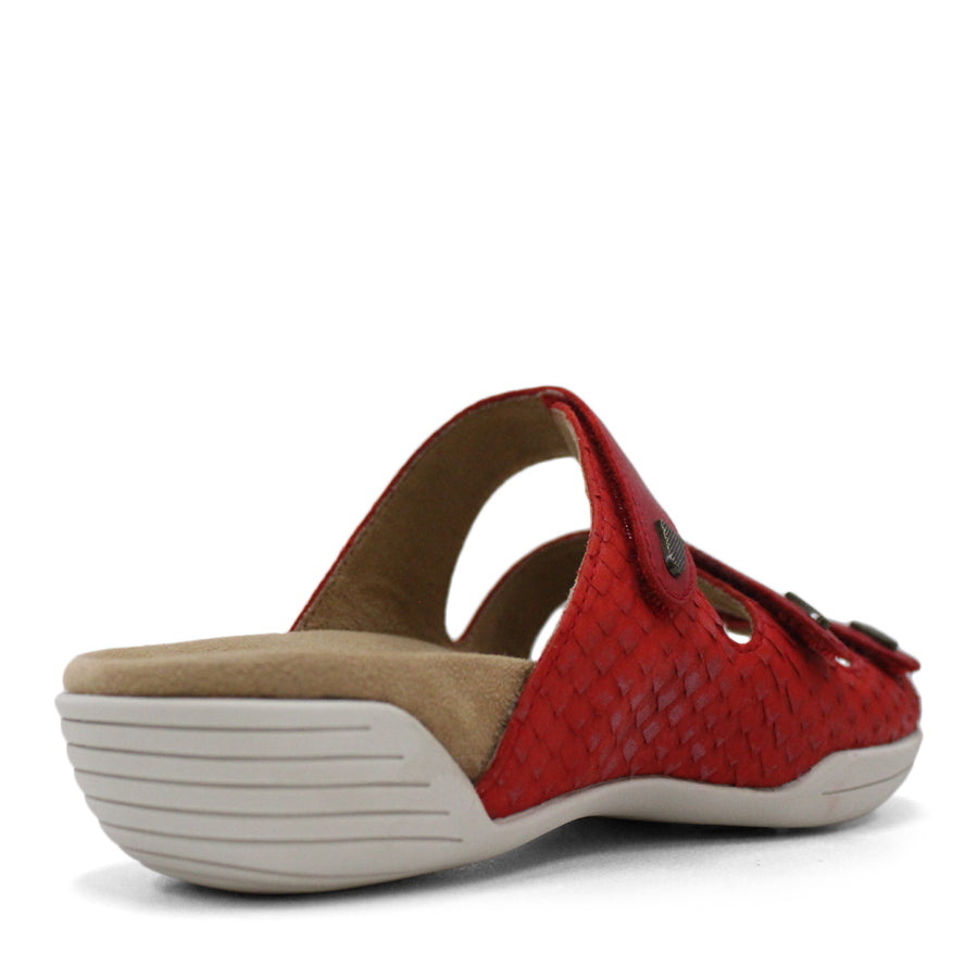 BACK VIEW OF RED FLAT SANDAL WITH TRANGLE TEXTURED SIDE PANELS, OPEN TOE, OPEN BACK, WHITE SOLE AND THREE STRAPS ACROSS THE FRONT 
