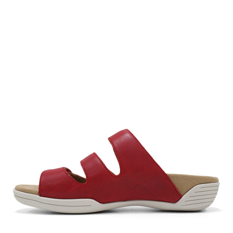 SIDE VIEW OF RED FLAT SANDAL WITH TRANGLE TEXTURED SIDE PANELS, OPEN TOE, OPEN BACK, WHITE SOLE AND THREE STRAPS ACROSS THE FRONT 