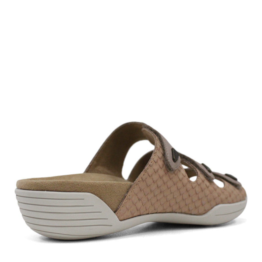 BACK VIEW OF TAUPE FLAT SANDAL WITH TRANGLE TEXTURED SIDE PANELS, OPEN TOE, OPEN BACK, WHITE SOLE AND THREE STRAPS ACROSS THE FRONT 
