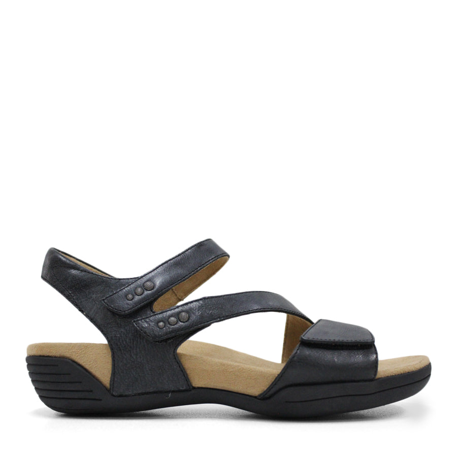  SIDE VIEW OF BLACK FLAT SANDAL WITH OPEN TOE, OPEN BACK, WHITE SOLE AND THREE STRAPS ACROSS THE FRONT 