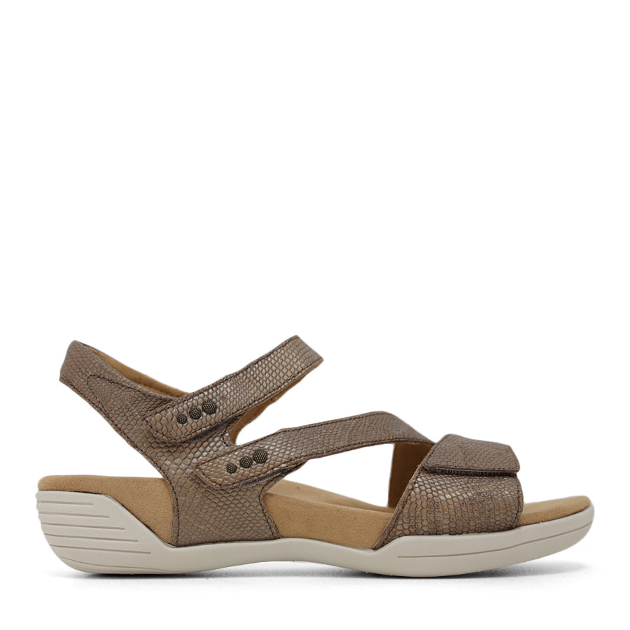 SIDE VIEW OF BRONZE FLAT SANDAL WITH OPEN TOE, OPEN BACK, WHITE SOLE AND THREE STRAPS ACROSS THE FRONT 