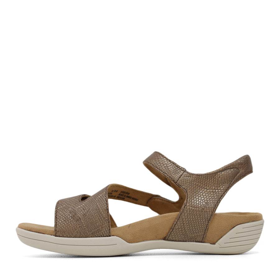 SIDE VIEW OF BRONZE FLAT SANDAL WITH OPEN TOE, OPEN BACK, WHITE SOLE AND THREE STRAPS ACROSS THE FRONT 