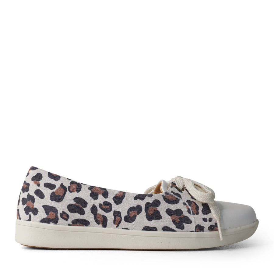 SIDE VIEW OF LEOPARD PRINT CASUAL SHOE WITH LACES AND WHITE TOE