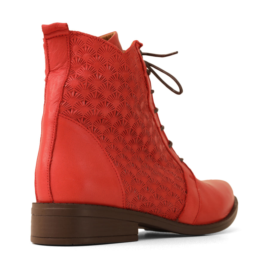BACK VIEW OF RED ANKLE LACE UP BOOT WITH PATTERNED LEATHER DETAILS 
