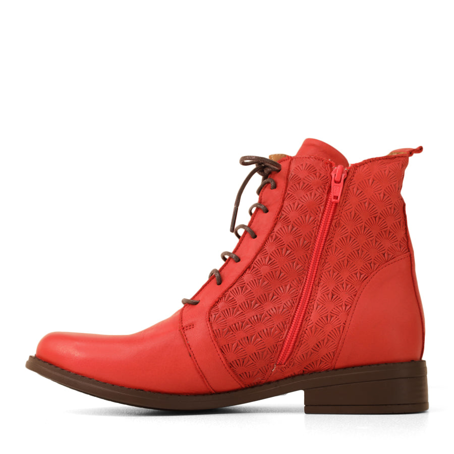 SIDE VIEW OF RED ANKLE LACE UP BOOT WITH PATTERNED LEATHER DETAILS 