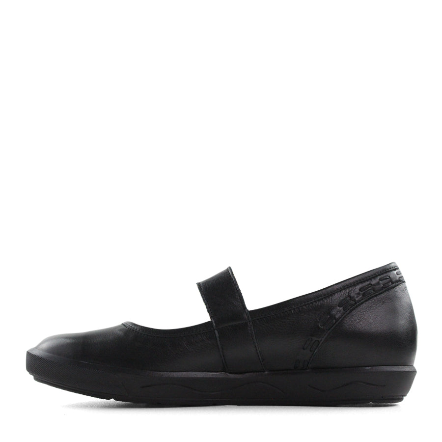 SIDE VIEW OF BLACK CASUAL SHOE WITH MARY JANE STYLE STRAP ACROSS THE TOP
