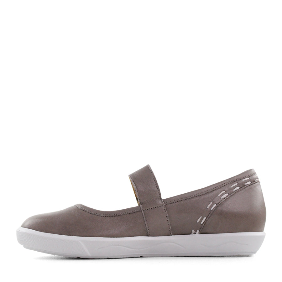 SIDE VIEW OF GREY CASUAL SHOE WITH MARY JANE STYLE STRAP ACROSS THE TOP  AND WHITE STITCH DETAIL   
