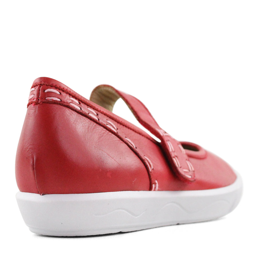 BACK VIEW OF RED CASUAL SHOE WITH MARY JANE STYLE STRAP ACROSS THE TOP  AND WHITE STITCH DETAIL   