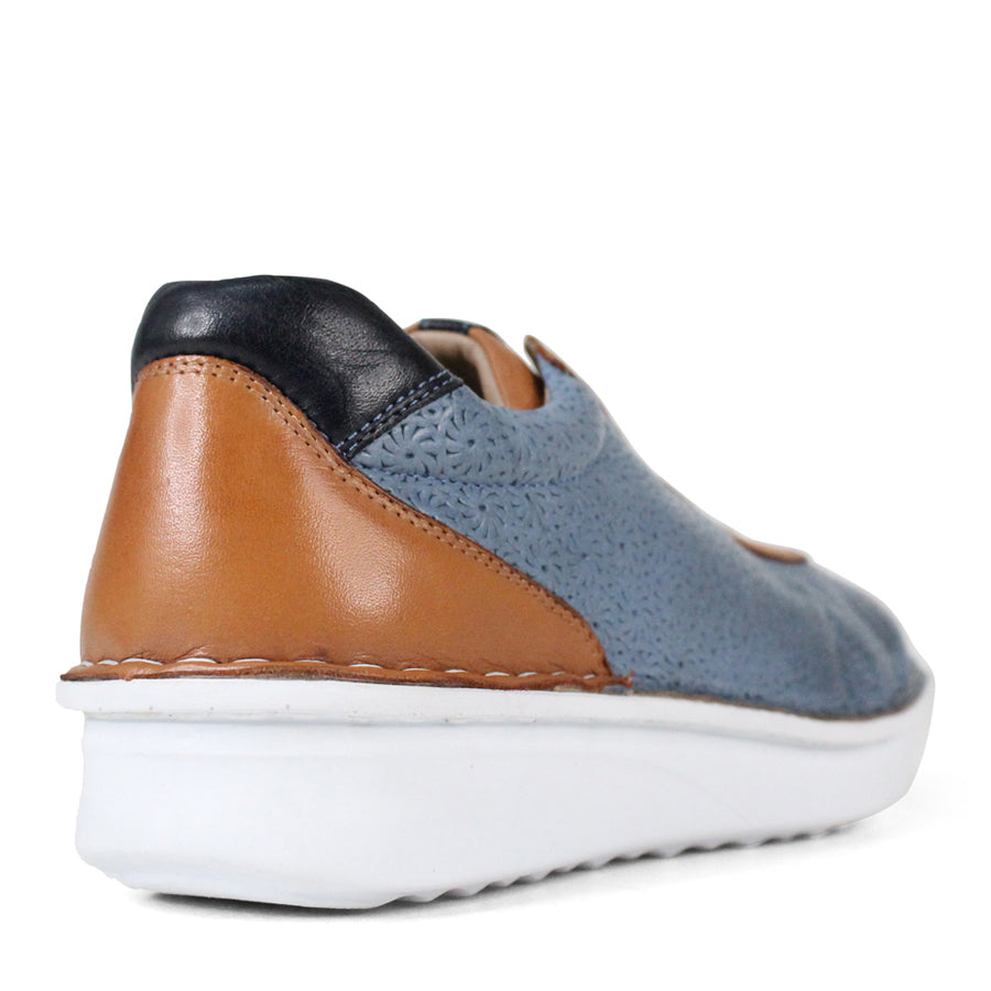 BACK VIEW OF PATTERNED BLUE LEATHER LACE UP SNEAKER WITH TAN PANELS AND WHITE SOLE 