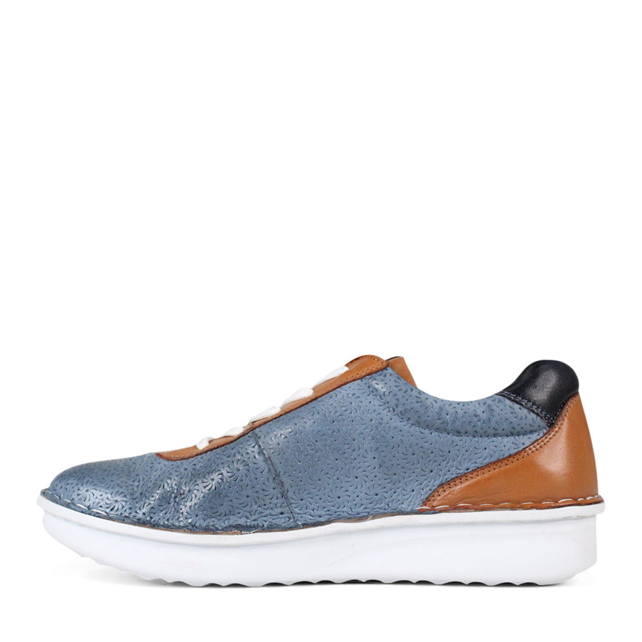 SIDE VIEW OF PATTERNED BLUE LEATHER LACE UP SNEAKER WITH TAN PANELS AND WHITE SOLE 