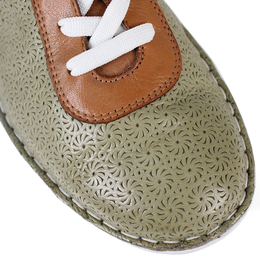 FRONT VIEW OF PATTERNED GREEN LEATHER LACE UP SNEAKER WITH TAN PANELS AND WHITE SOLE 