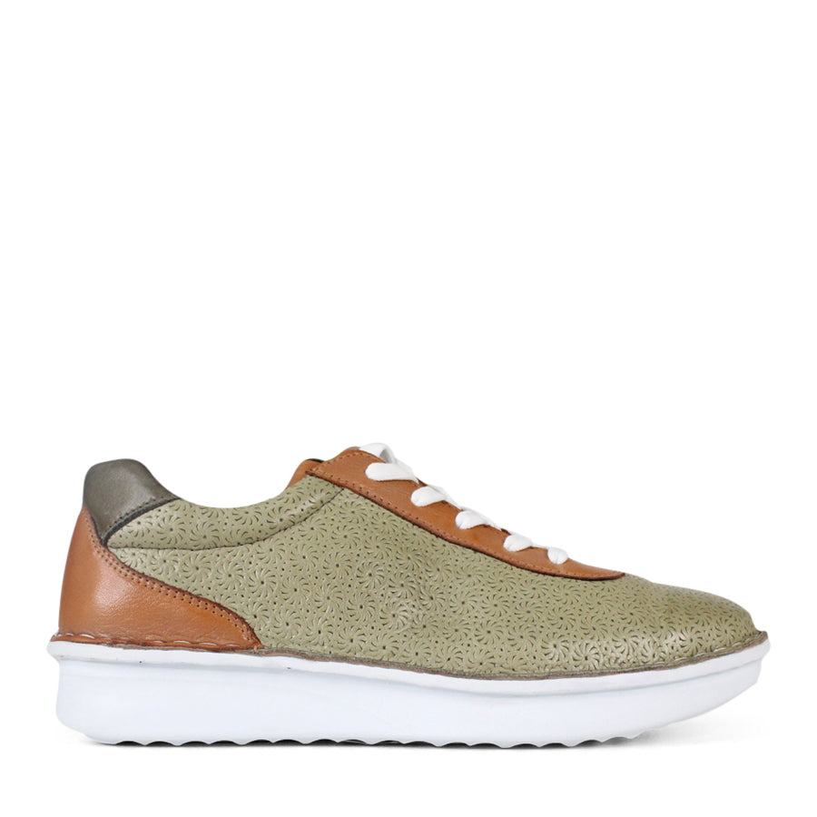 SIDE VIEW OF PATTERNED GREEN LEATHER LACE UP SNEAKER WITH TAN PANELS AND WHITE SOLE 