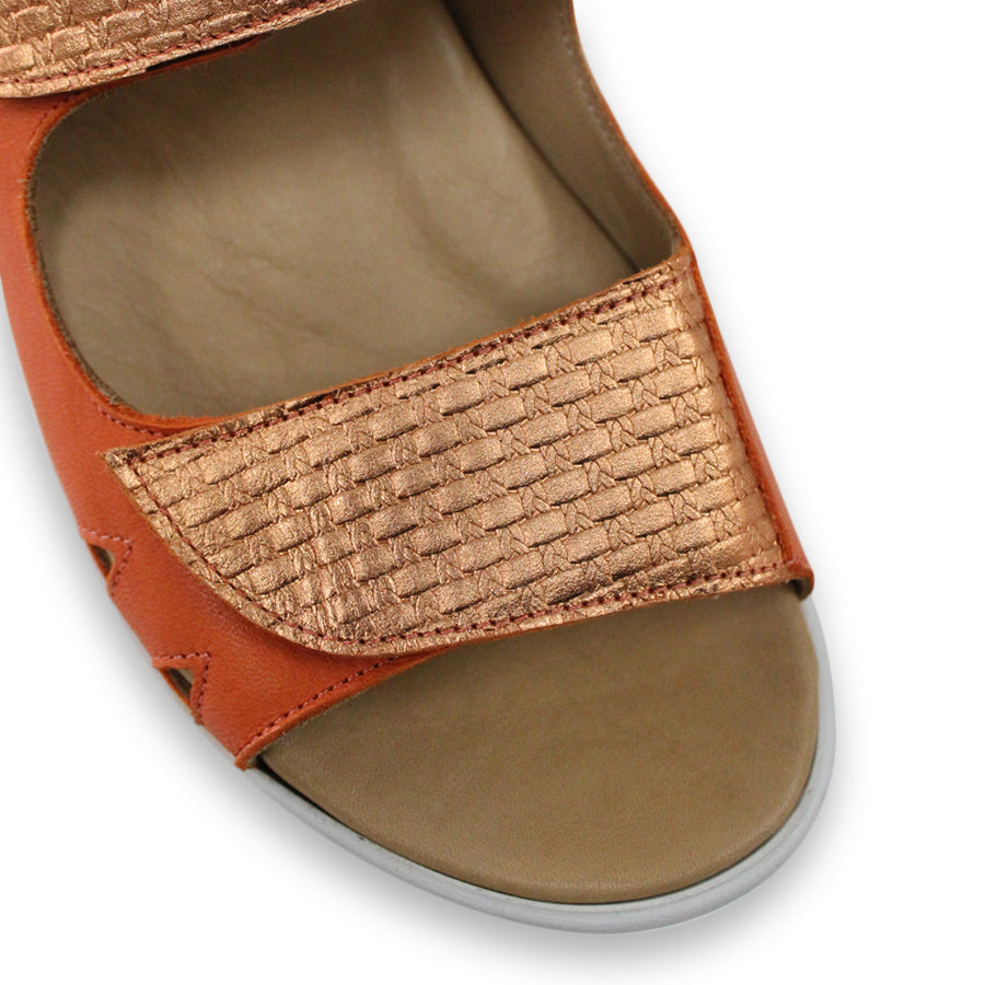 FRONT VIEW OF ORANGE Y BACK SANDAL WITH BUCKLE AND CUT OUT DETAILLING NEAR TOES 