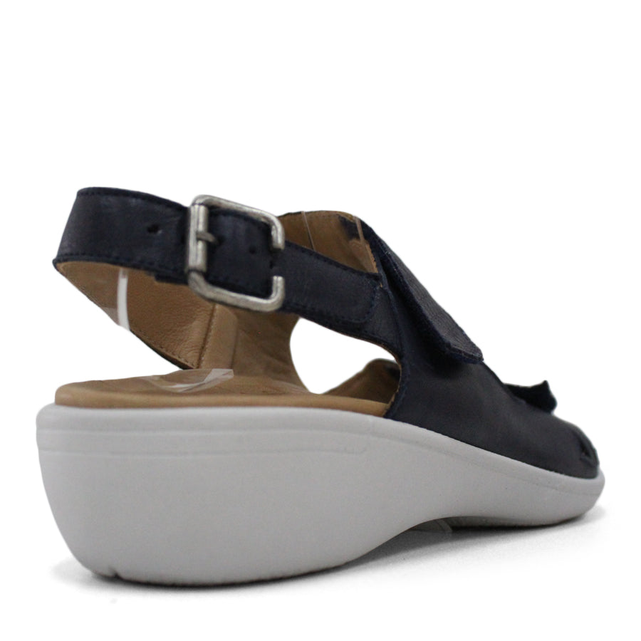 BACK VIEW OF NAVY Y BACK SANDAL WITH BUCKLE AND CUT OUT DETAILLING NEAR TOES