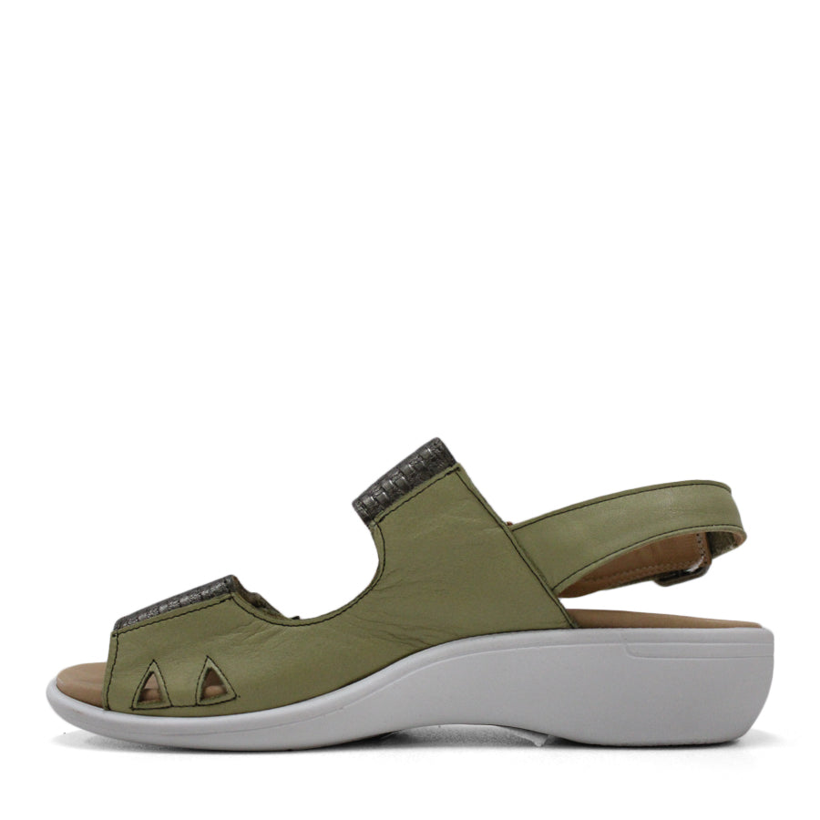 SIDE VIEW OF GREEN Y BACK SANDAL WITH BUCKLE AND CUT OUT DETAILLING NEAR TOES