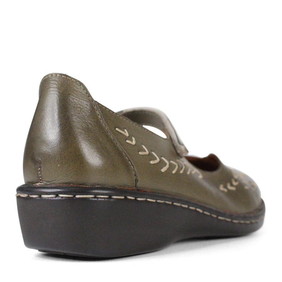BACK VIEW OF GREEN LEATHER CASUAL SHOE WITH VELCRO STRAP AND WHITE STITCHING DETAIL