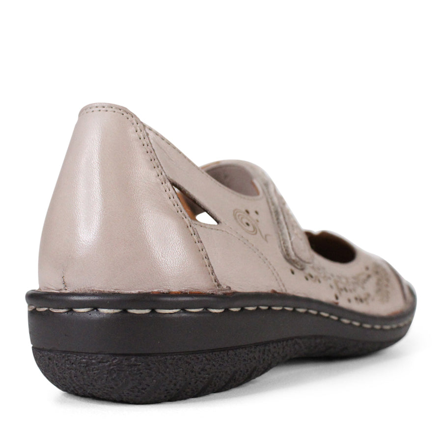 BACK VIEW OF GREY LEATHER SANDAL WITH VELCRO STRAP
