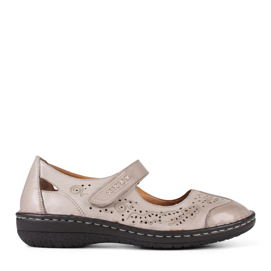 SIDE VIEW OF GREY LEATHER SANDAL WITH VELCRO STRAP