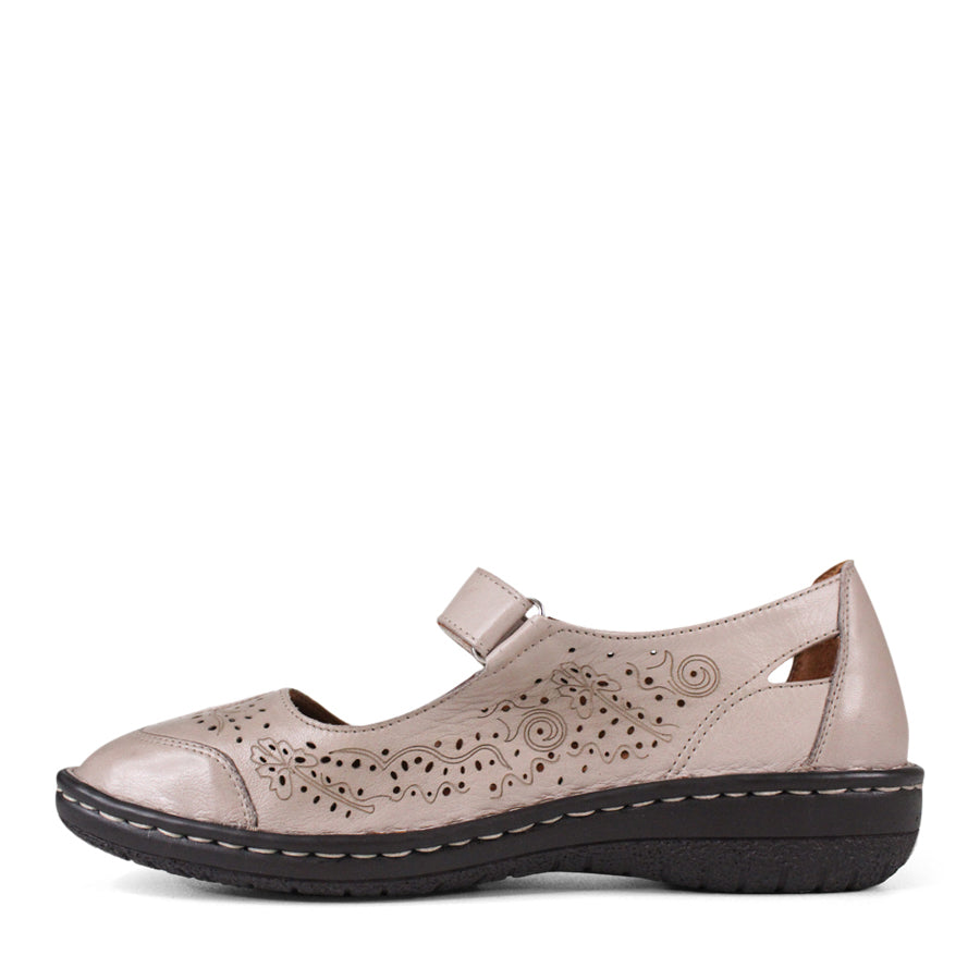 SIDE VIEW OF GREY LEATHER SANDAL WITH VELCRO STRAP