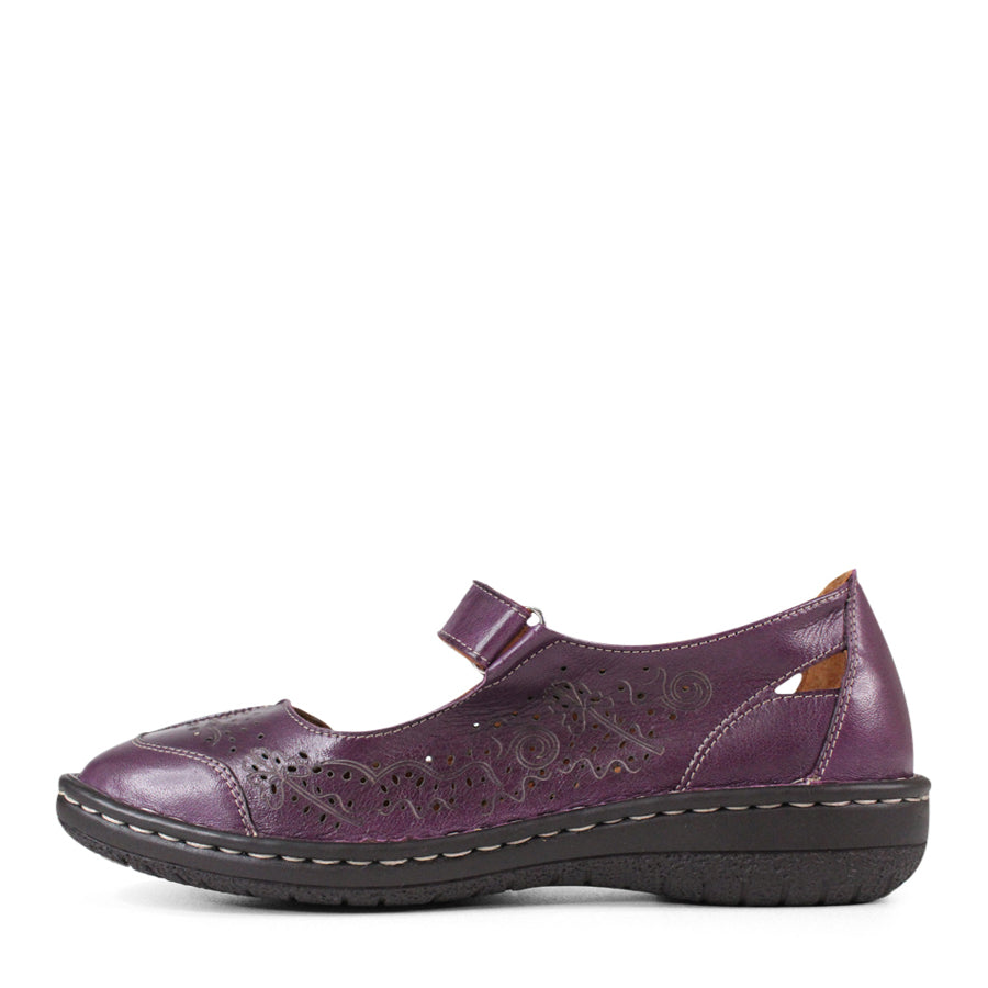 SIDE VIEW OF PURPLE LEATHER SANDAL WITH VELCRO STRAP