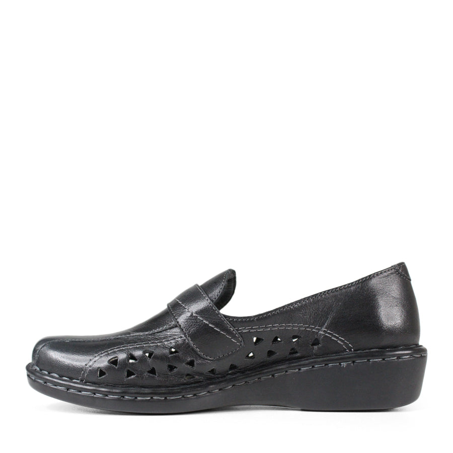 SIDE VIEW OF BLACK LEATHER CASUAL SHOE WITH VELCRO STRAP AND TRIANGLE SHAPED CUTOUTS ON THE SIDE