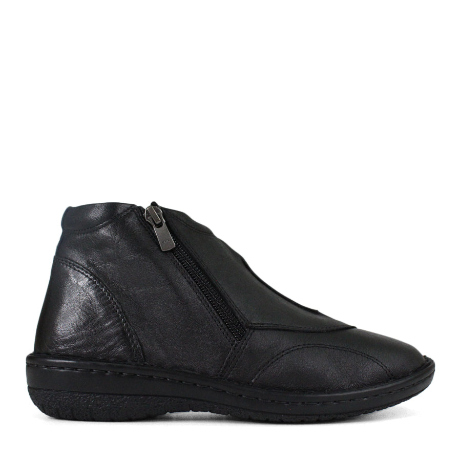 SIDE VIEW OF BLACK LEATHER ANKLE BOOT WITH SIDE ZIPPER, BLACK SOLE AND STITCHING