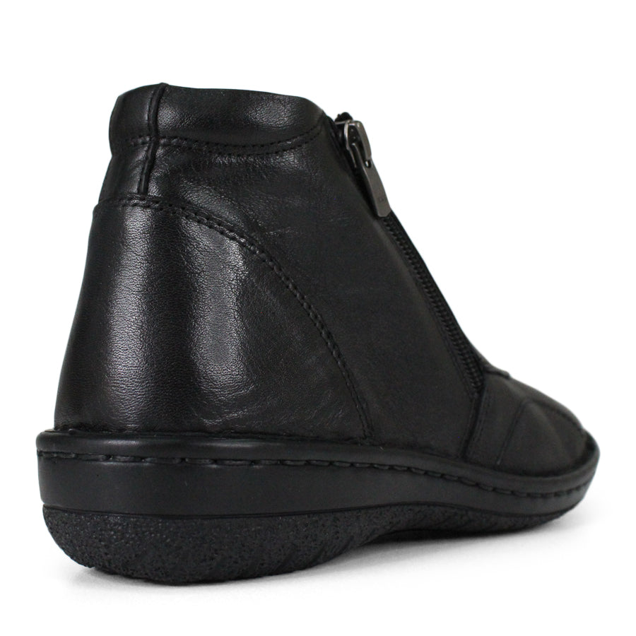 BACK VIEW OF BLACK LEATHER ANKLE BOOT WITH SIDE ZIPPER, BLACK SOLE AND STITCHING