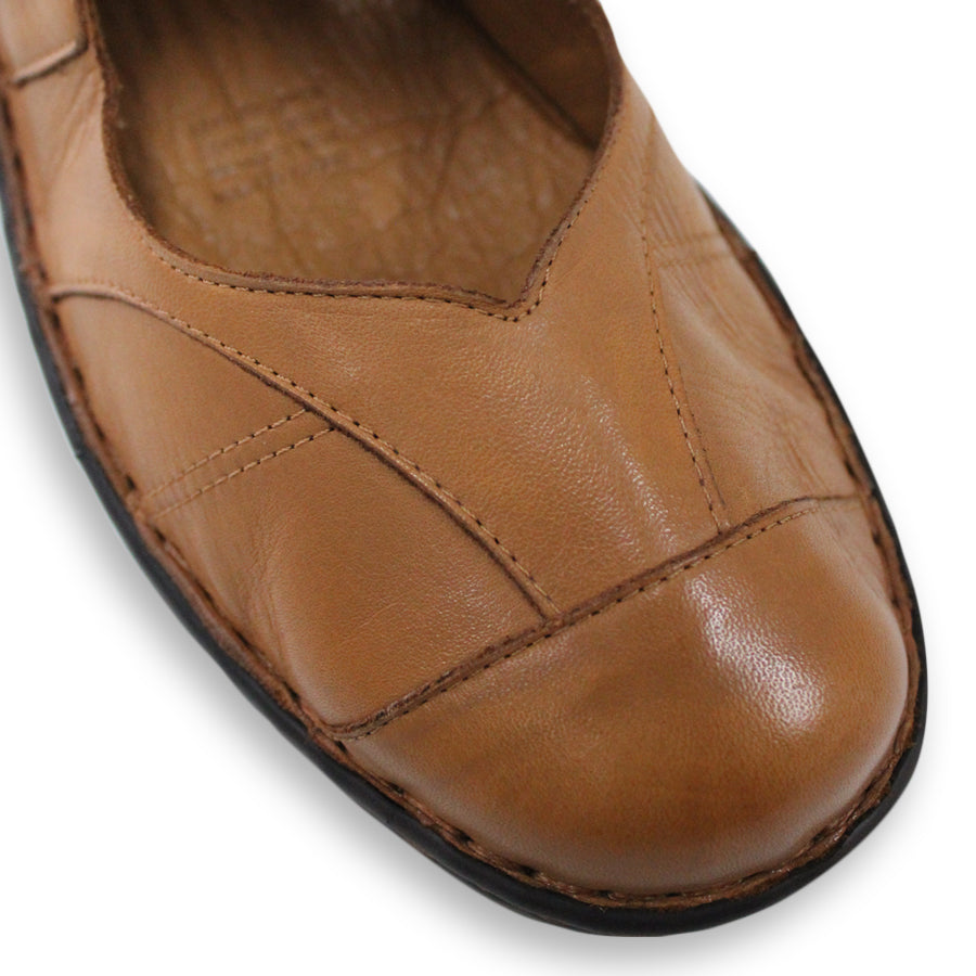 FRONT VIEW OF TAN LEATHER FLAT CASUAL SHOW WITH VELCRO CLOSURE