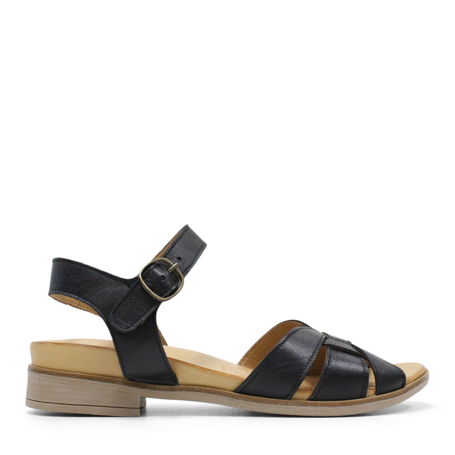 SIDE VIEW OF BLACK LEATHER SANDAL WITH INTERWOVEN STRAP AND Y-BACK AND BUCKLE