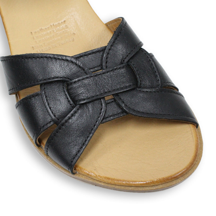 FRONT VIEW OF BLACK LEATHER SANDAL WITH INTERWOVEN