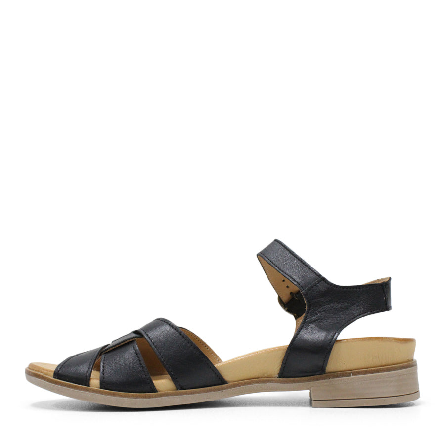 SIDE VIEW OF BLACK LEATHER SANDAL WITH INTERWOVEN STRAP AND Y-BACK AND BUCKLE