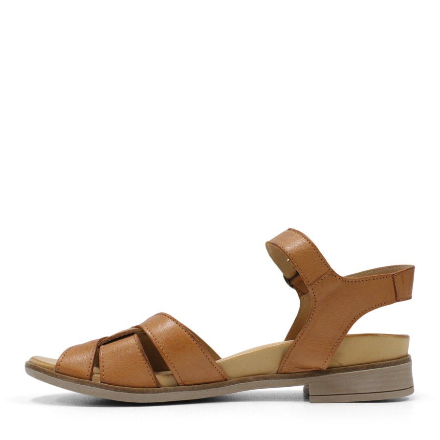 SIDE VIEW OF TAN LEATHER SANDAL WITH INTERWOVEN Y-BACK AND BUCKLE