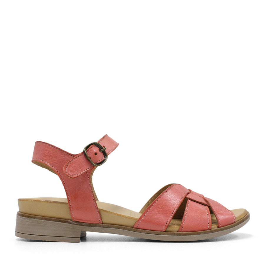SIDE VIEW OF RED LEATHER SANDAL WITH INTERWOVEN Y-BACK AND BUCKLE
