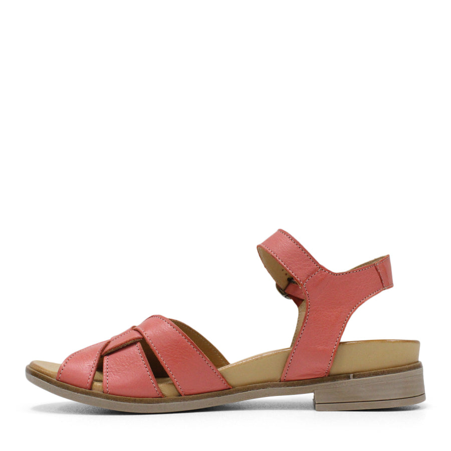 SIDE VIEW OF RED LEATHER SANDAL WITH INTERWOVEN Y-BACK AND BUCKLE