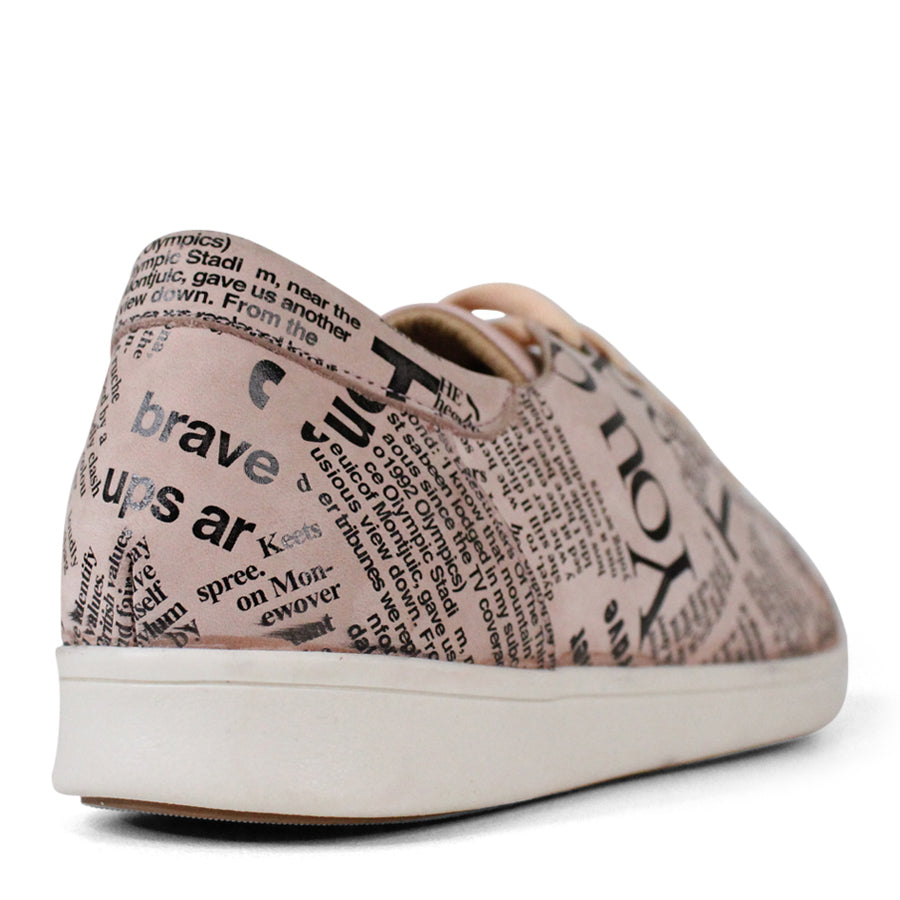 BACK VIEW OF PINK NEWSPAPER PRINT LACE UP SNEAKER WITH WHITE SOLE 