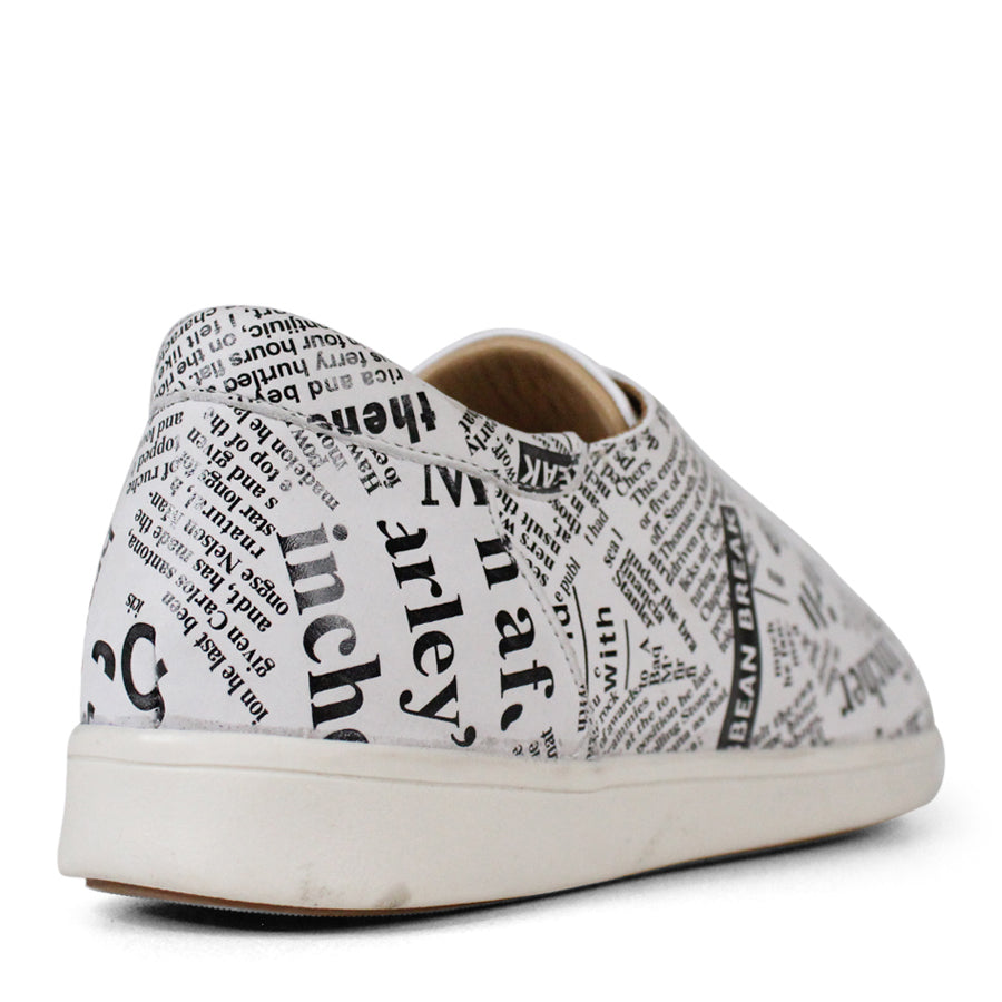 BACK VIEW OF WHITE NEWSPAPER PRINT LACE UP SNEAKER WITH WHITE SOLE 