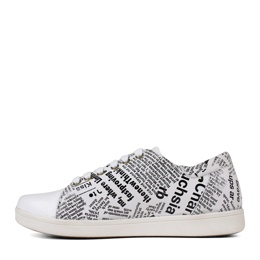 SIDE VIEW OF WHITE NEWSPAPER PRINT LACE UP SNEAKER WITH WHITE SOLE 