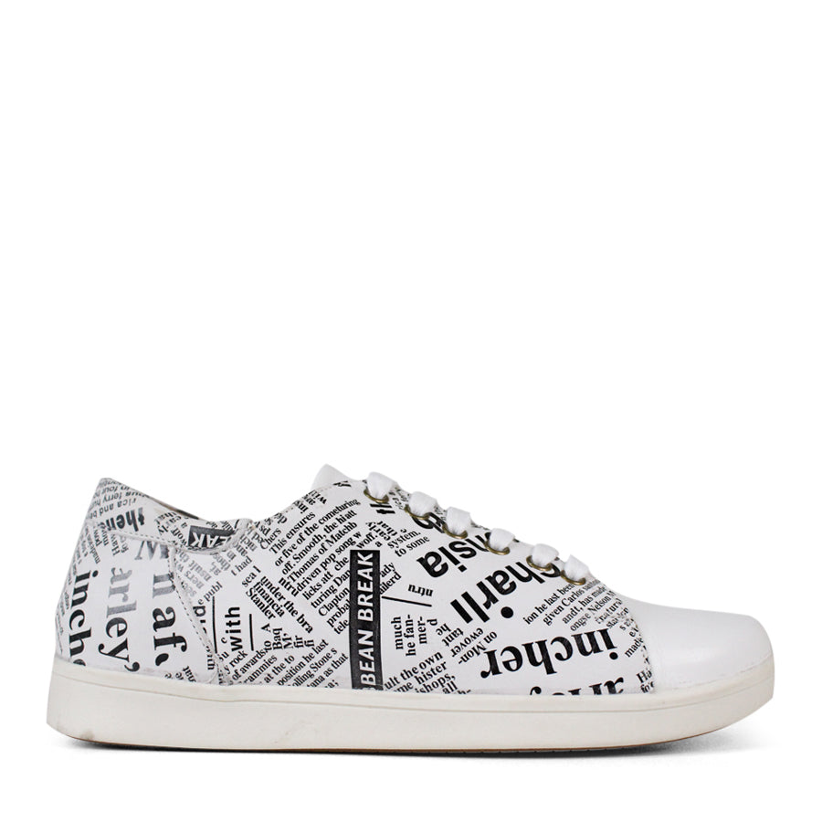 SIDE VIEW OF WHITE NEWSPAPER PRINT LACE UP SNEAKER WITH WHITE SOLE 