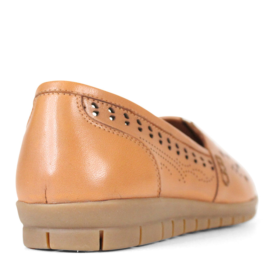 BACK VIEW TAN FLAT CASUAL SHOE WITH CUT OUT DETAILING 