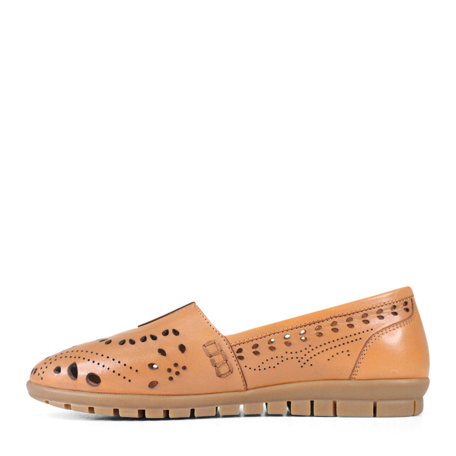 SIDE VIEW TAN FLAT CASUAL SHOE WITH CUT OUT DETAILING 