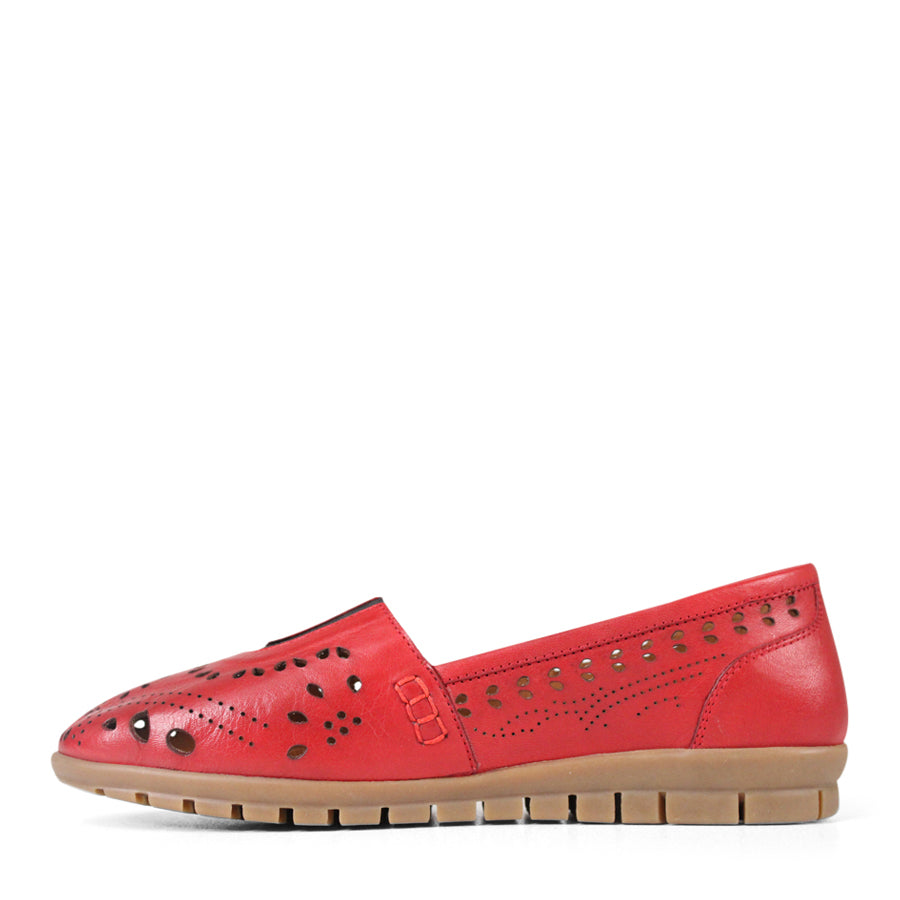  SIDE VIEW RED FLAT CASUAL SHOE WITH CUT OUT DETAILING 
