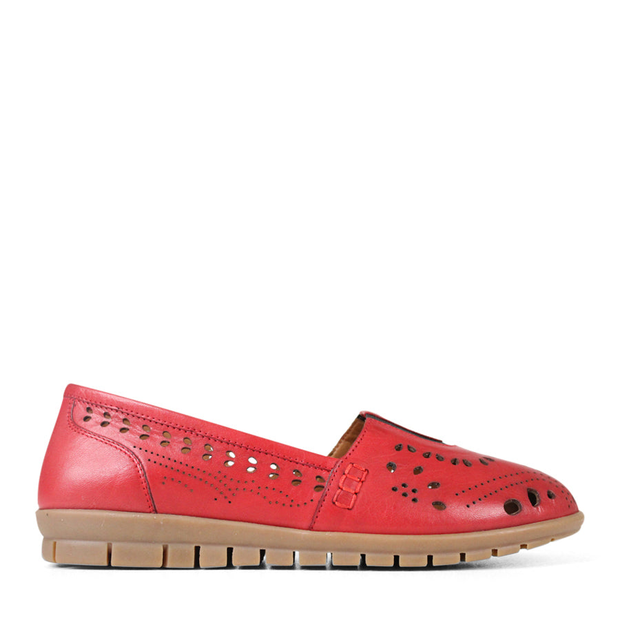  SIDE VIEW RED FLAT CASUAL SHOE WITH CUT OUT DETAILING 