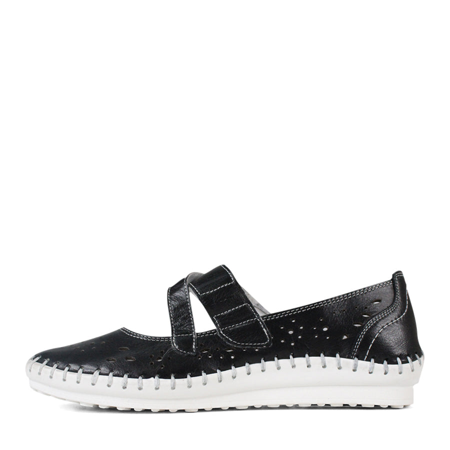 SIDE VIEW BLACK FLAT CASUAL SHOE WITH WHITE STITCHING DETAILING 