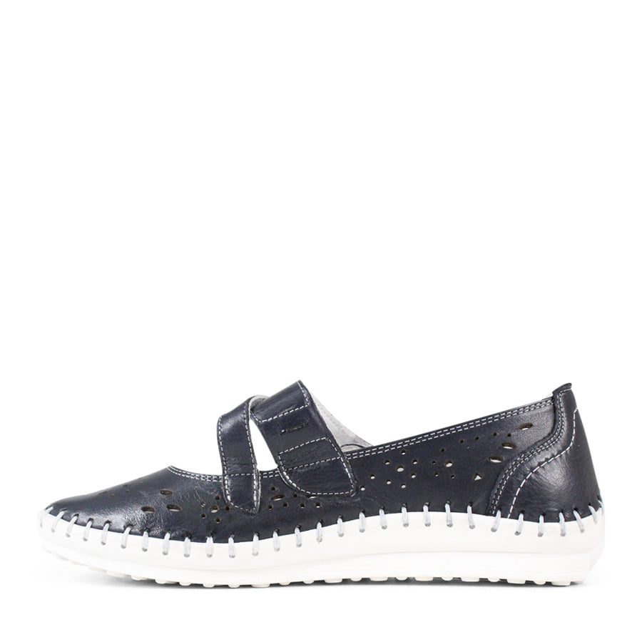 SIDE VIEW BLUE FLAT CASUAL SHOE WITH WHITE STITCHING DETAILING 
