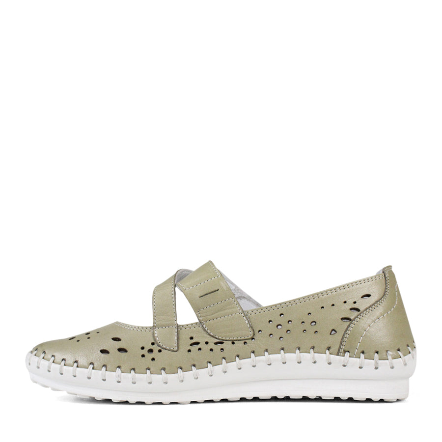 SIDE VIEW GREEN FLAT CASUAL SHOE WITH WHITE STITCHING DETAILING 