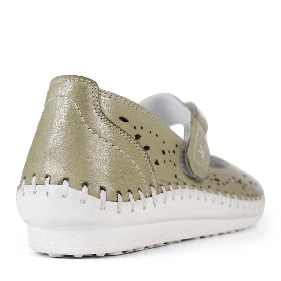 BACK VIEW GREEN FLAT CASUAL SHOE WITH WHITE STITCHING DETAILING 