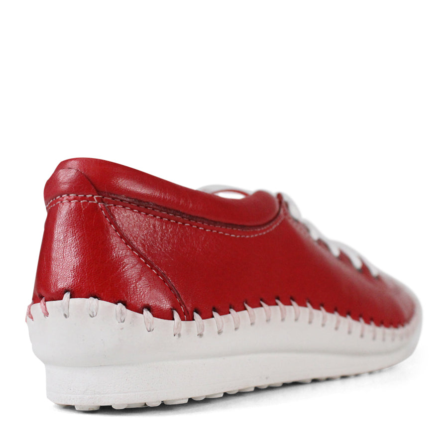 BACK VIEW OF RED LACE UP CASUAL SHOE WITH WHITE STITCH DETAIL ACROSS THE TOP OF THE SOLE